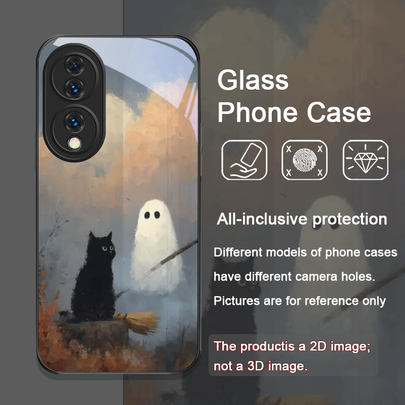かわいい漫画の黒猫ゴースト柄強化ガラス製スマホケース Hua - Huawei Nova 12 のレビューと価格
