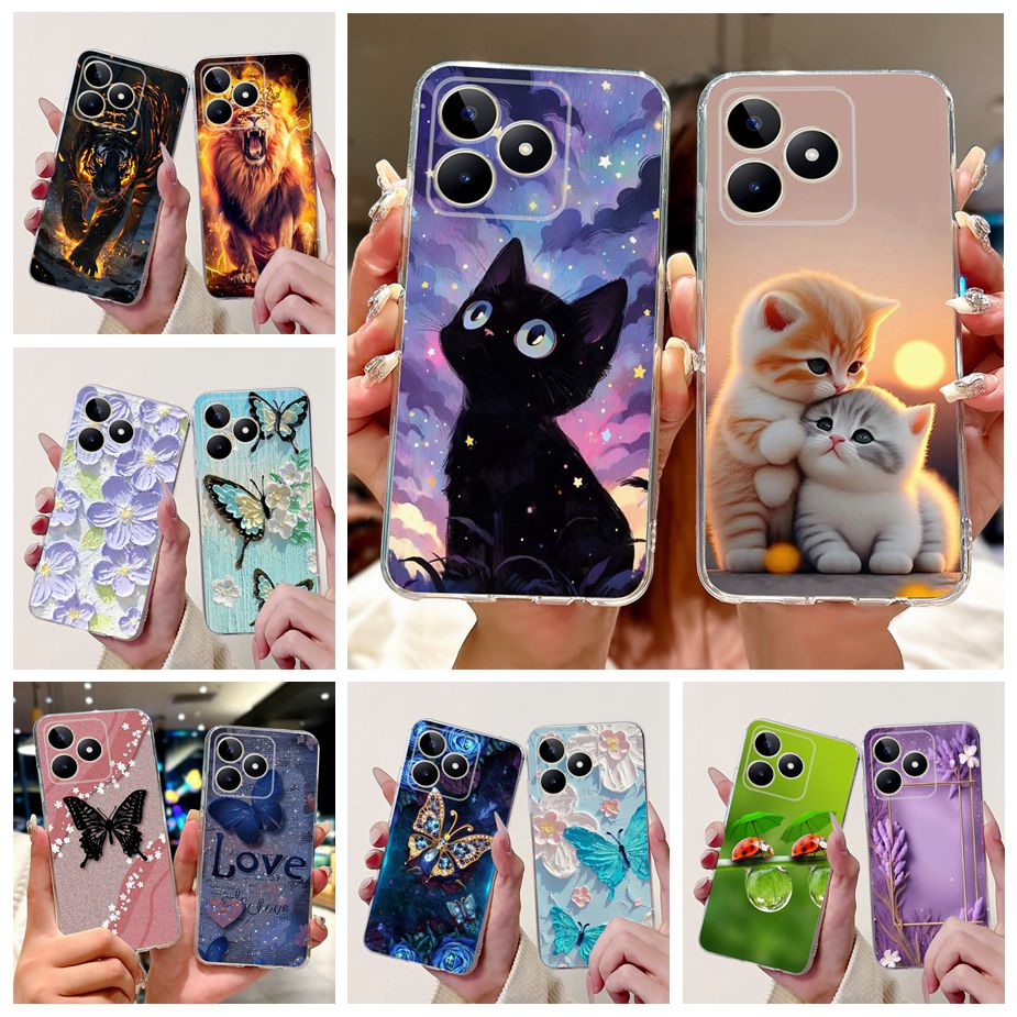 Realme用のかわいい猫の絵が描かれたカバー,透明なシリコ - Realme Note 50 のレビューと価格