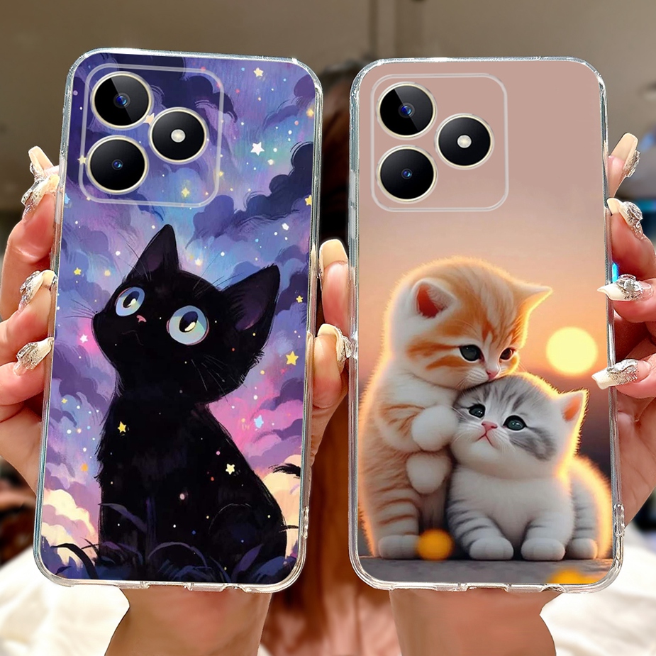 Realme用のかわいい猫の絵が描かれたカバー,透明なシリコ - Realme Note 50 のレビューと価格